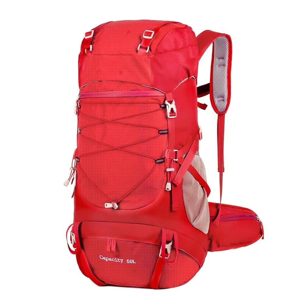 Red Color 50L Hiking Backpack With Rain Cover For Camping Travel