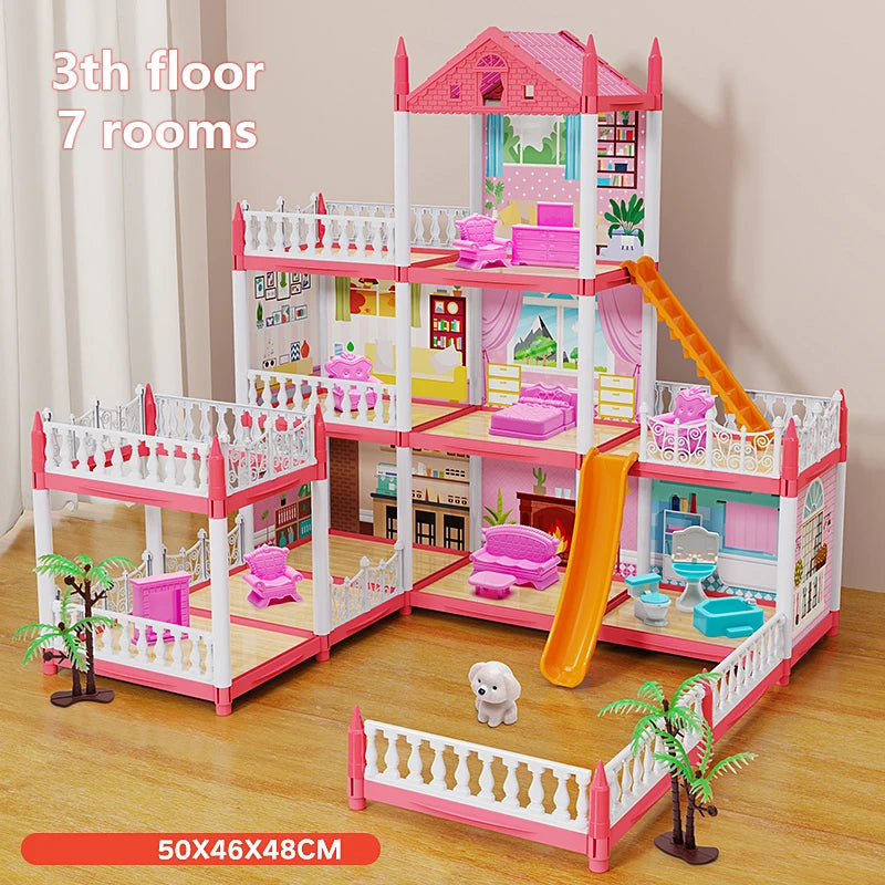 7-Rooms-Pink Color DIY 3D Mini Princess Castle House – Assembly Toy with LED