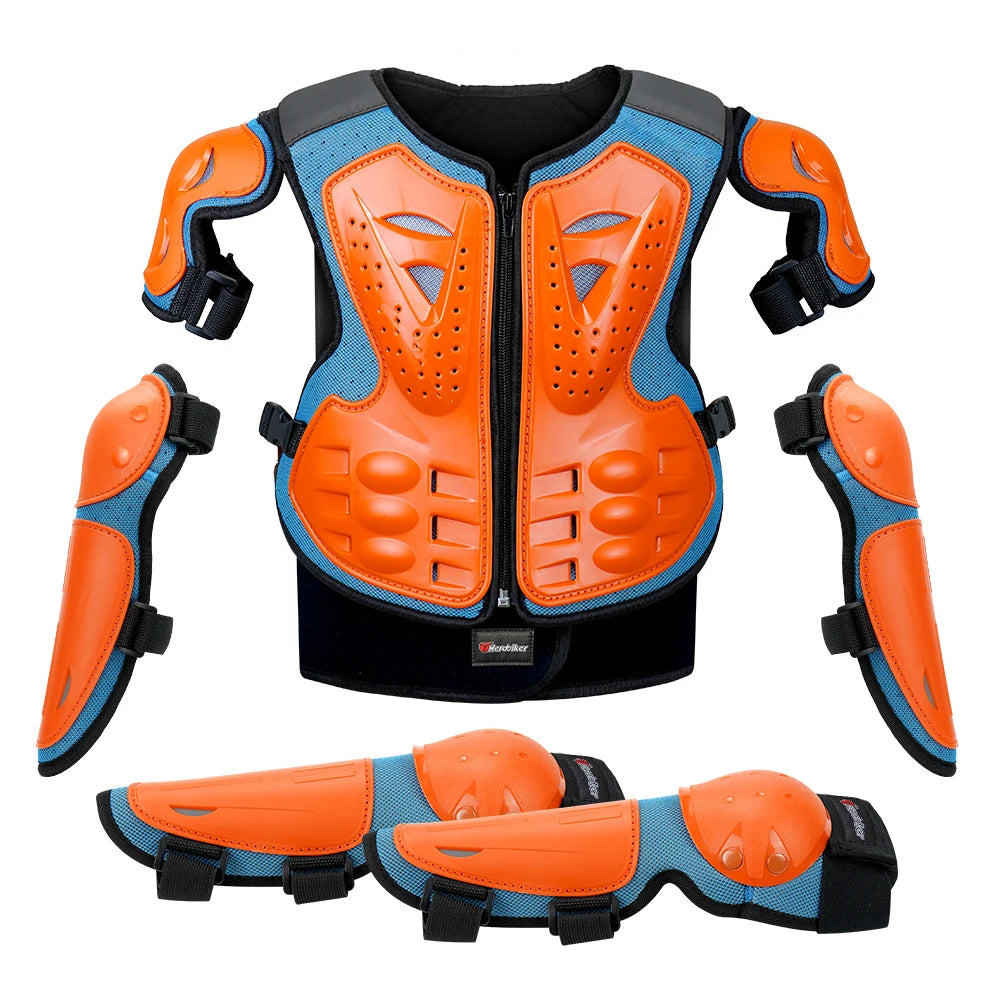 MC1018-Orange Blue Color Kids Motorcycle Body Armor Set With Elbow And Knee Pads