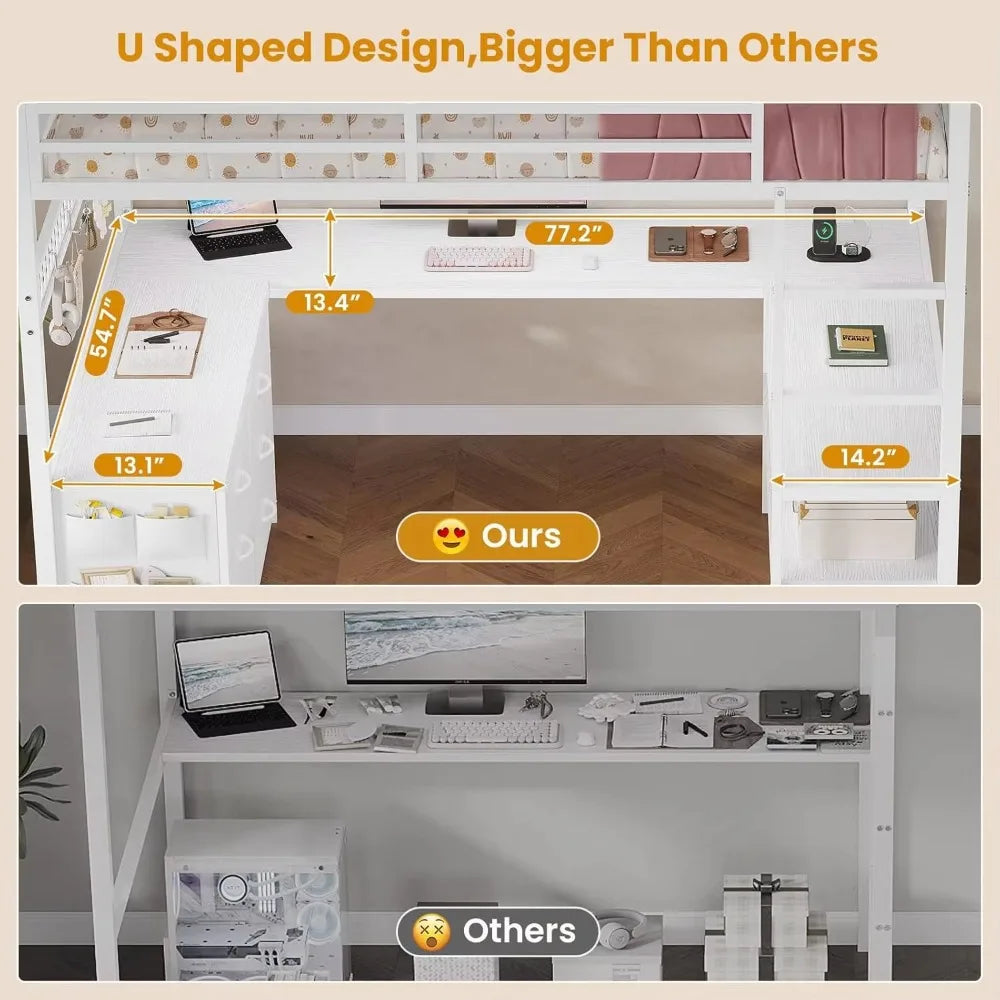Metal Loft Bed With Staircase And L-Shaped Study Desk