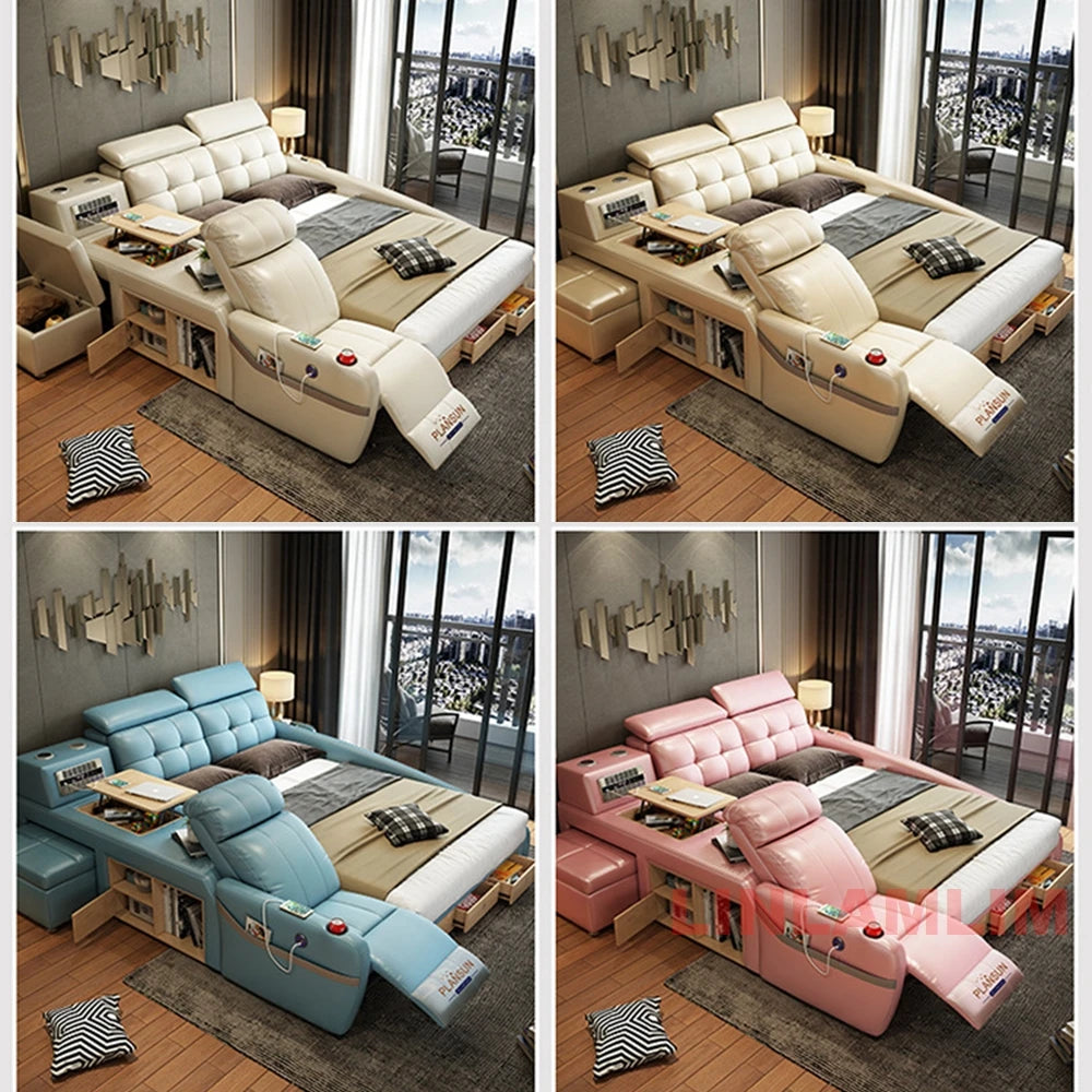 Smart Genuine Leather Platform Bed With Massage & Storage