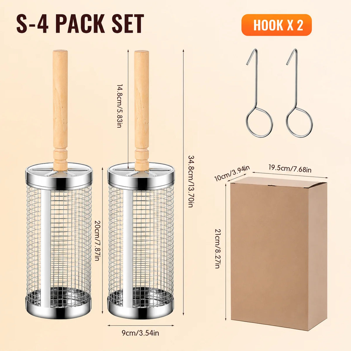 S-4 Pack Set Color Stainless Steel Rolling Grill Baskets Set With Wooden Handle