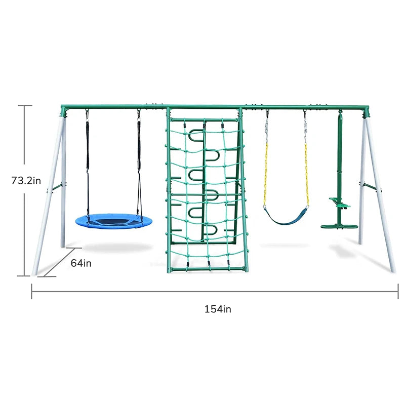 Outdoor Metal Swing Set With Ladder and Basketball Hoop