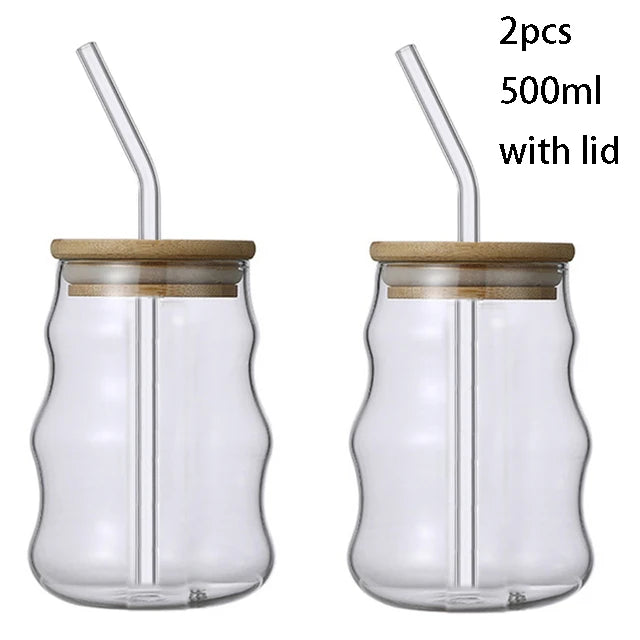 500ml smooth 2pcs Color High Borosilicate Glass Tumbler With Straw And Bamboo Lid