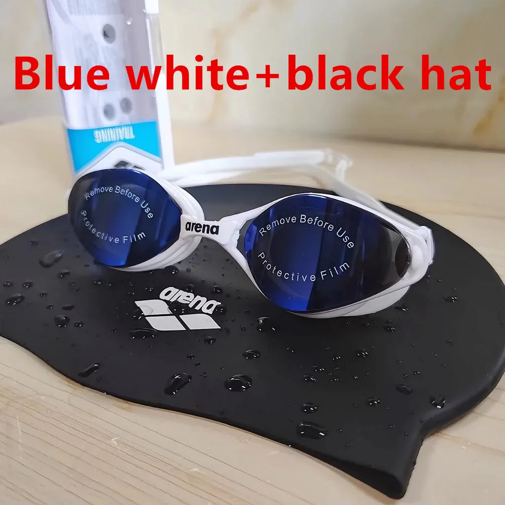 White Blue-black hat Color Waterproof Anti-Fog Swimming Goggles and Cap Set