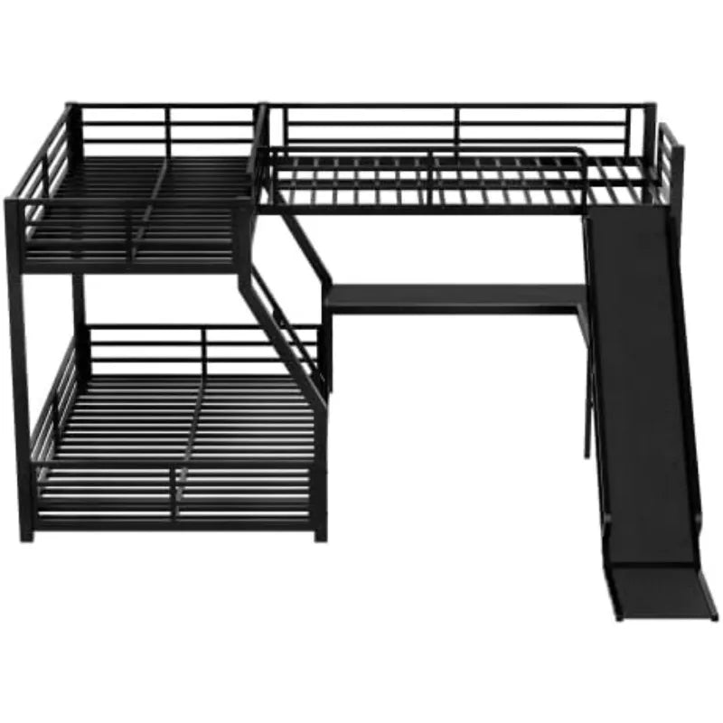 L-Shaped Triple Bunk Bed with Slide, Desk & USB Ports