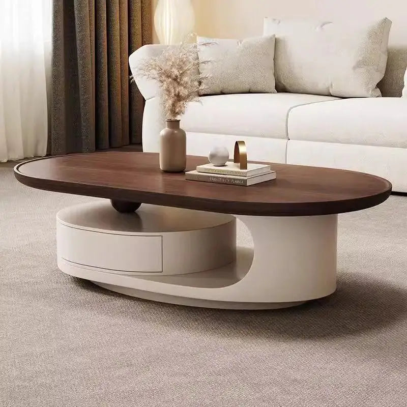 Modern Oval Coffee Table With Storage – Solid Wood & Marble