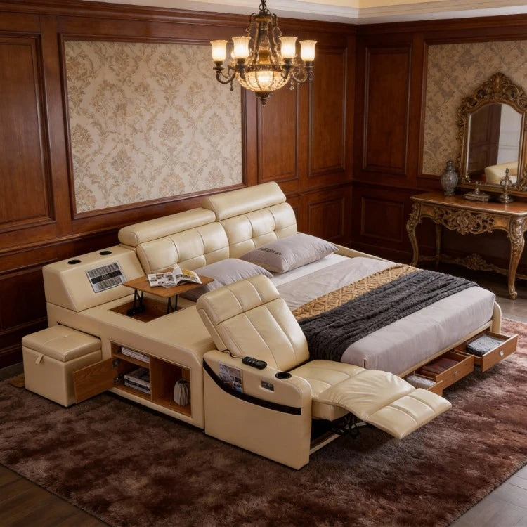 Smart Genuine Leather Platform Bed With Massage & Storage