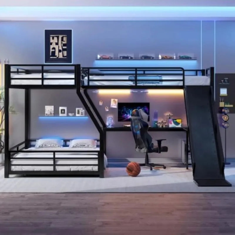 L-Shaped Triple Bunk Bed with Slide, Desk & USB Ports