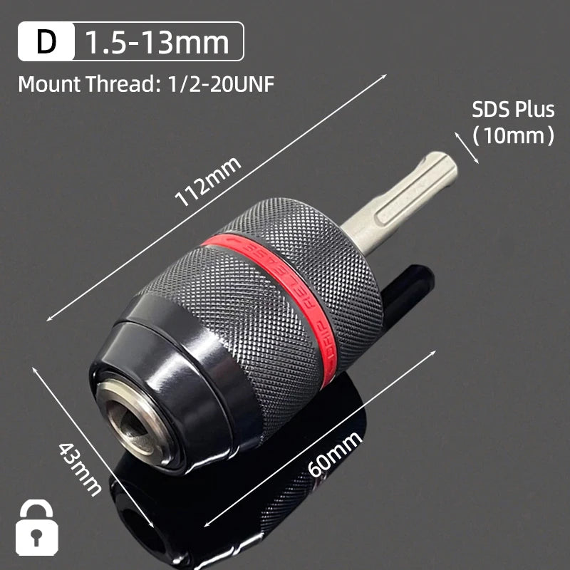 (D) 1.5-13mm Metal Color Keyless Drill Chuck Adapter With SDS Plus Shank 1/2-20UNF