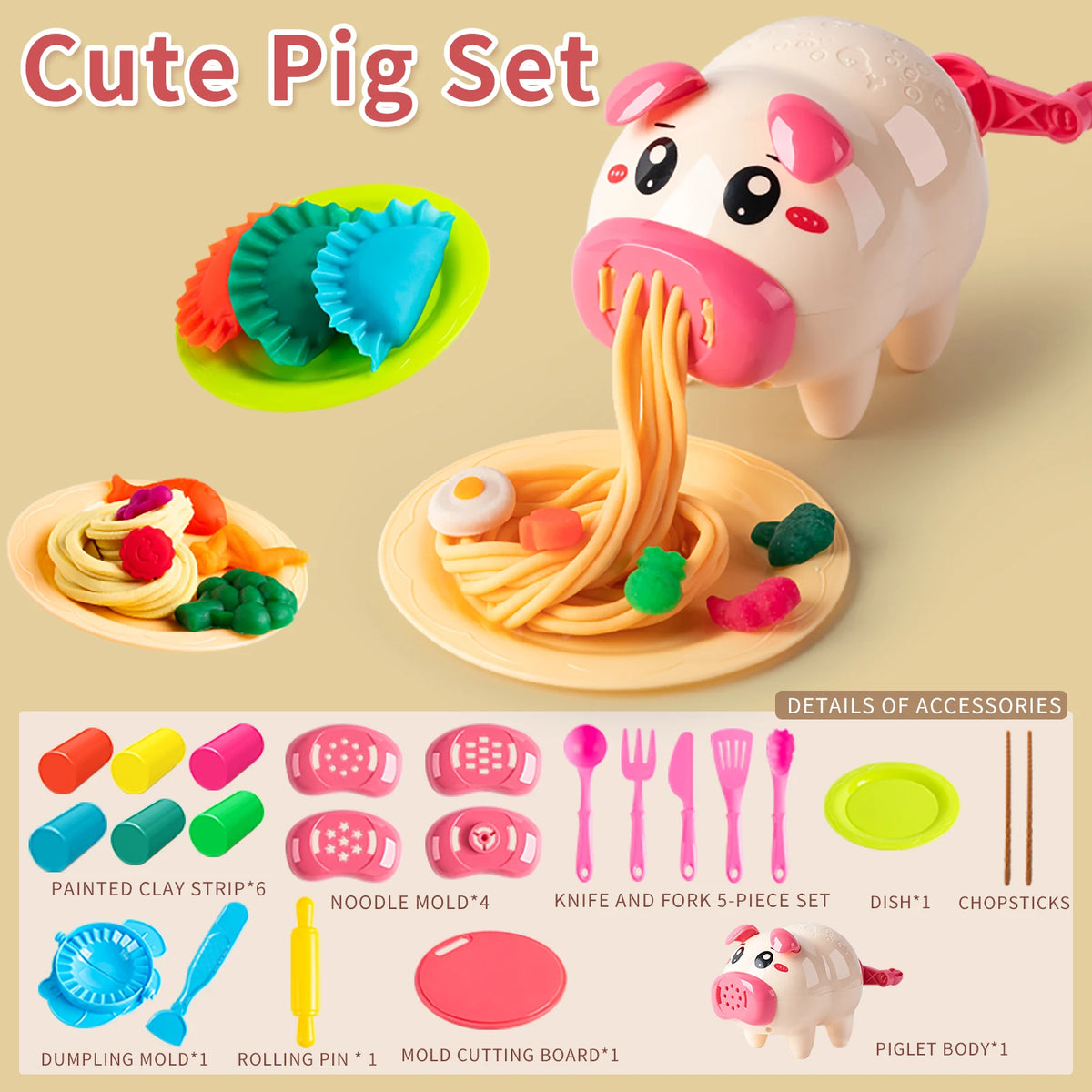Cute Pig Set Color Cartoon Pig Noodle Maker Clay Play Set for Kids