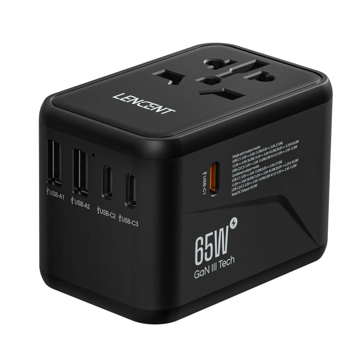 Black 65W GaN 2U3C Color 65W GaN International Travel Adapter with USB-C Fast Charge