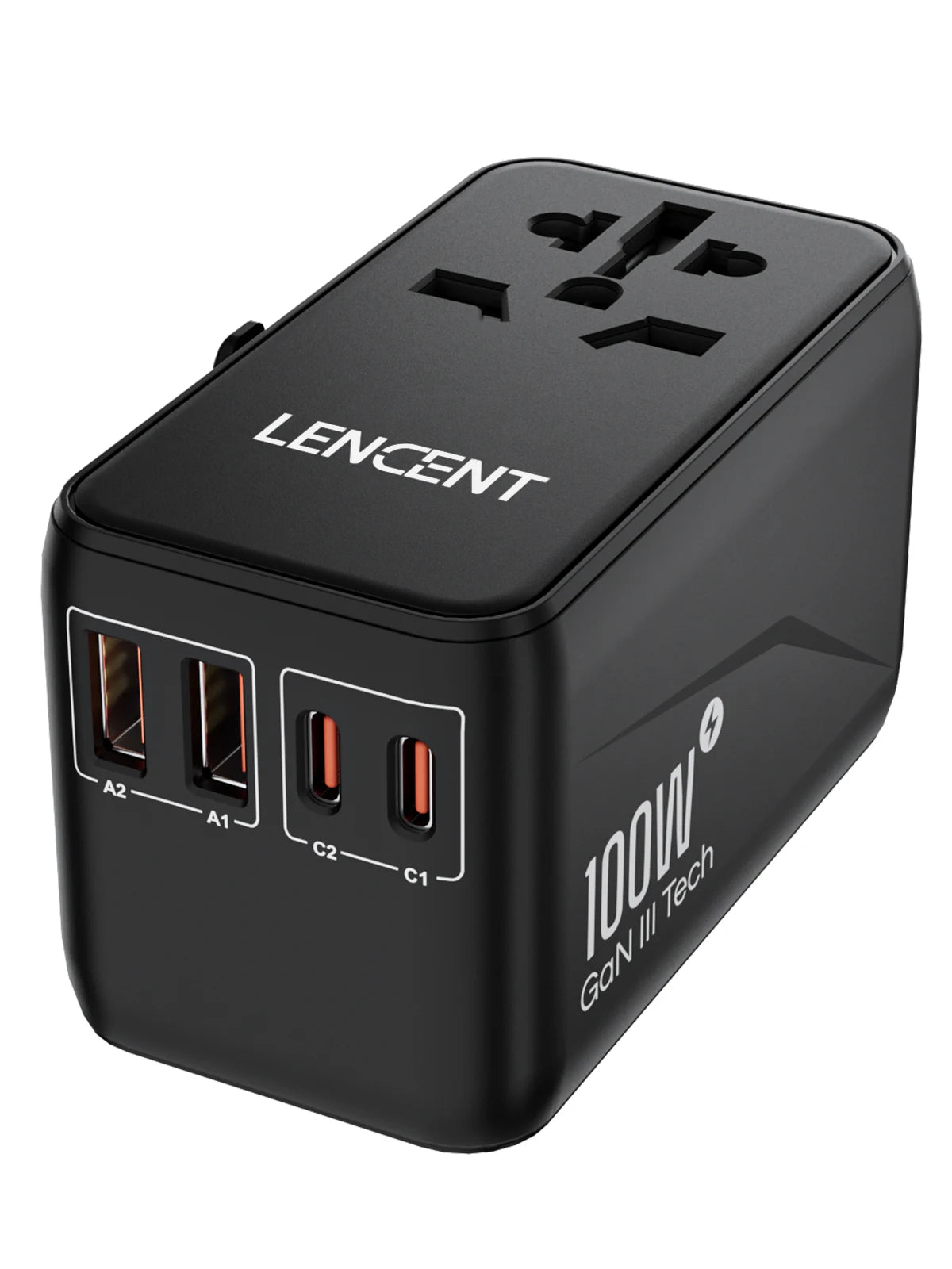 Black 100W GaN 2U2C Color 65W GaN International Travel Adapter with USB-C Fast Charge