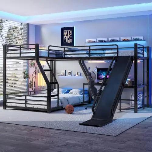 Black Usb Color L-Shaped Triple Bunk Bed with Slide, Desk & USB Ports