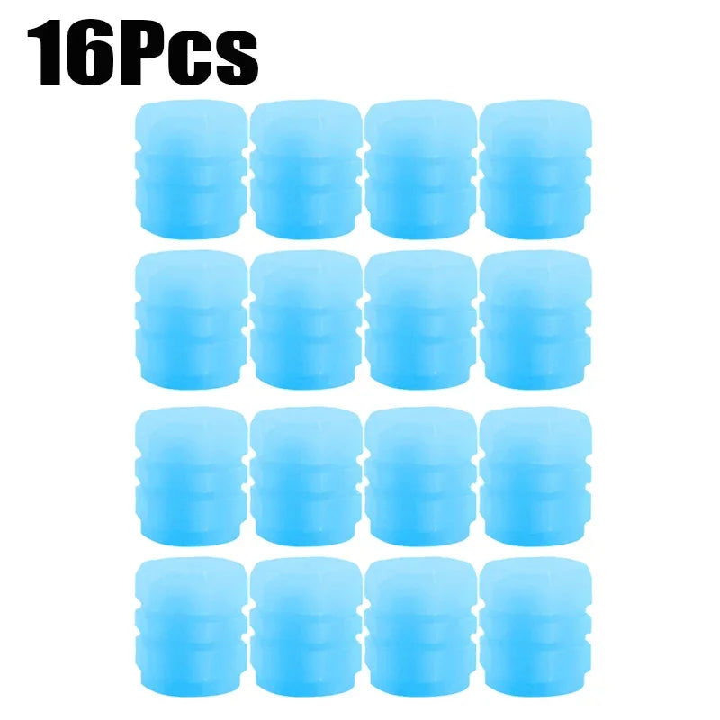 Blue 16pcs Color Luminous Tire Valve Caps For Car & Bike Wheels