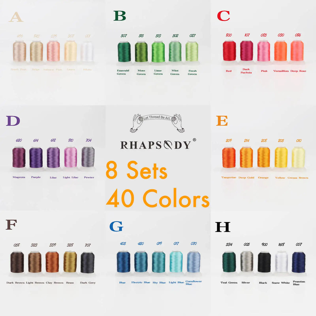 40Colors 8SETS Color 40wt Polyester Embroidery Thread Set 60 Colors 550 Yards