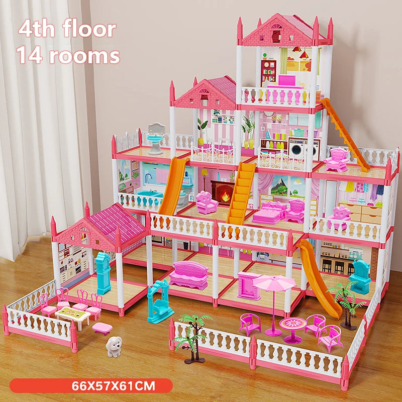 14-Rooms-Pink Color DIY 3D Mini Princess Castle House – Assembly Toy with LED