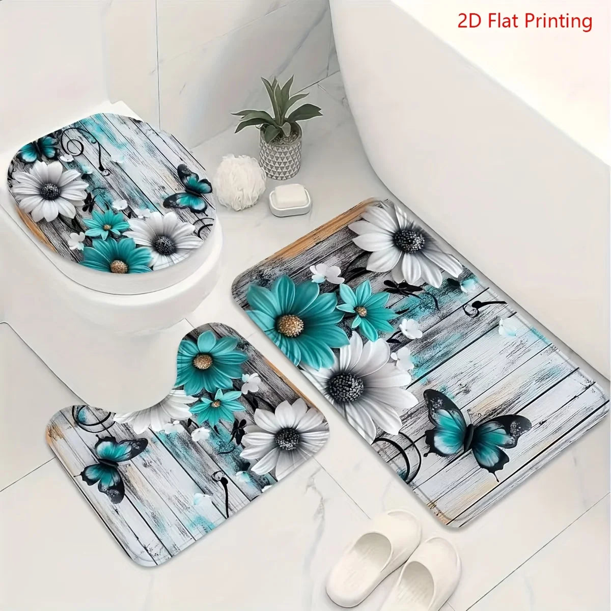 Teal Floral Butterfly Shower Curtain With 4-Piece Bath Mat Set