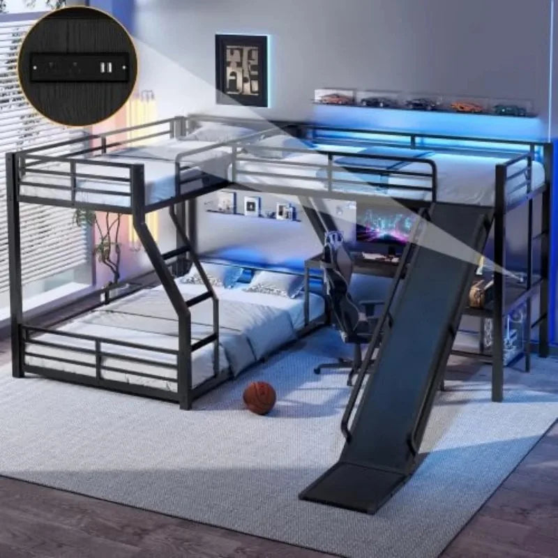 L-Shaped Triple Bunk Bed with Slide, Desk & USB Ports