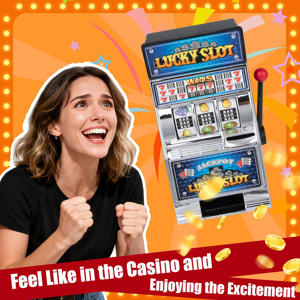 Slot Machine Money Bank with Spinning Reel Action