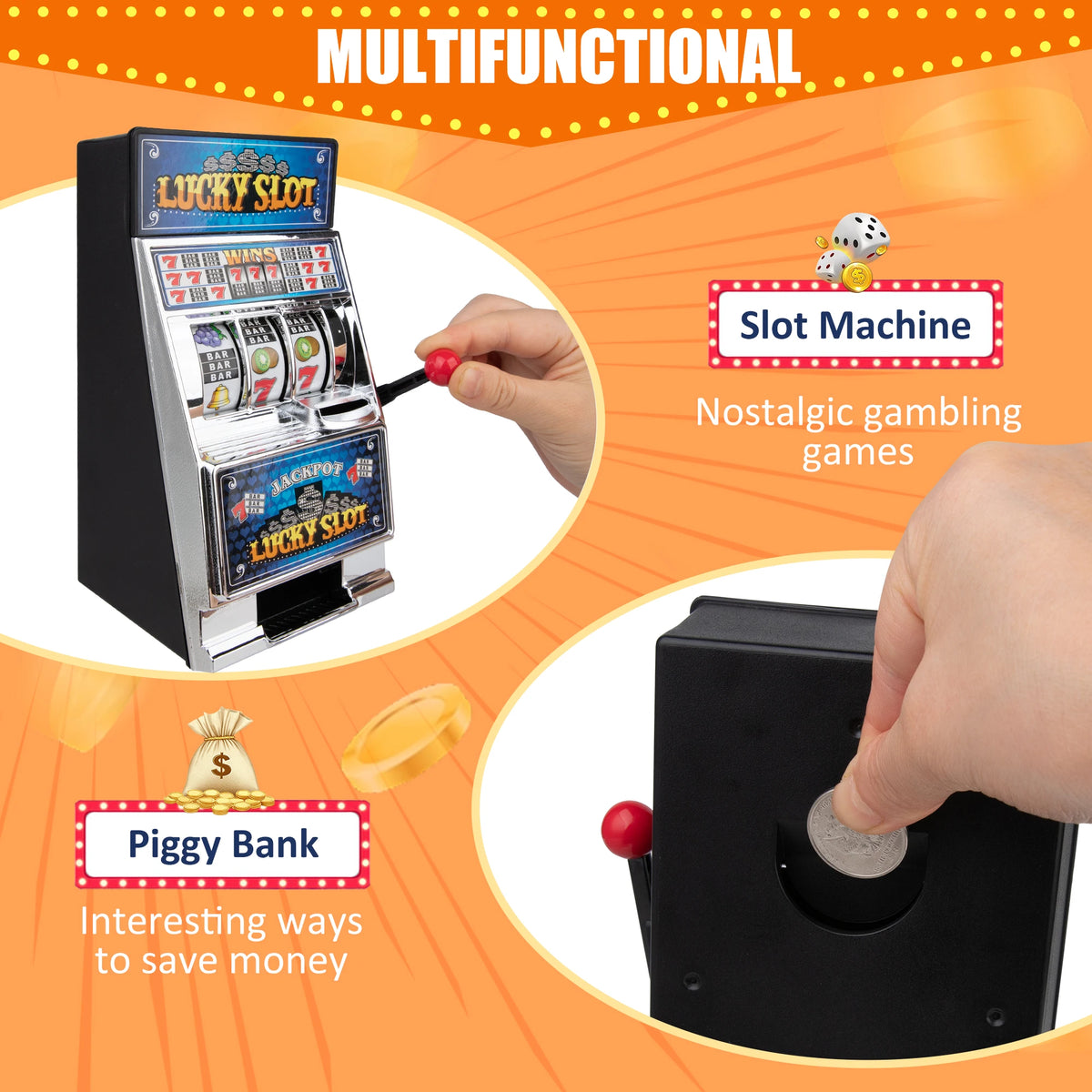 Slot Machine Money Bank with Spinning Reel Action