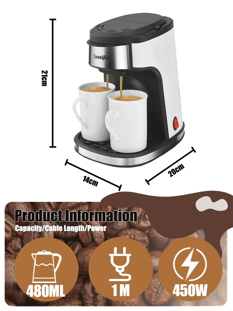 Compact 2-Cup Drip Coffee Maker With Porcelain Mugs