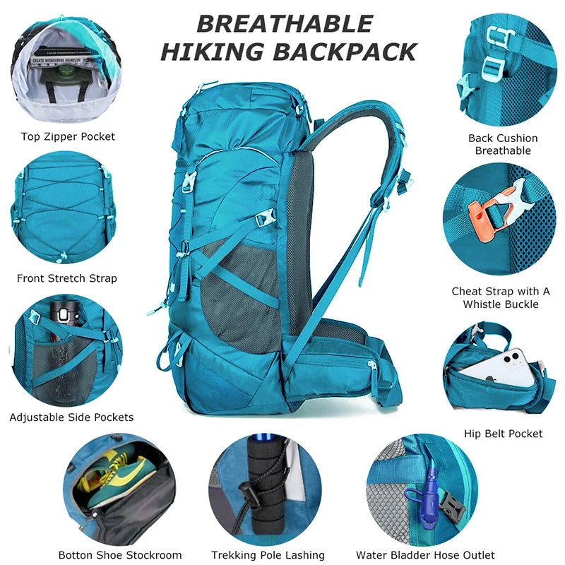50L Hiking Backpack With Rain Cover For Camping Travel