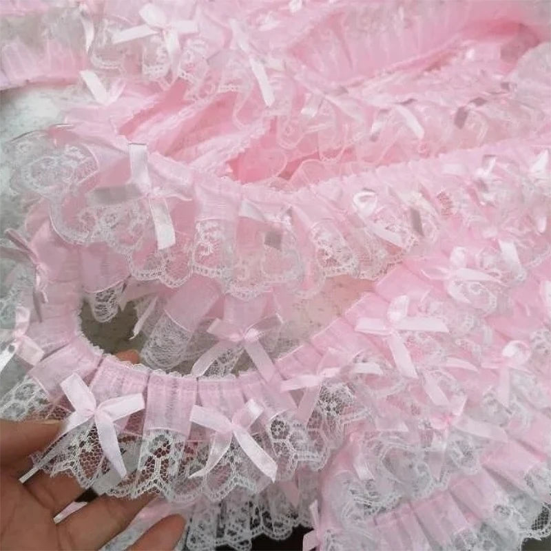 Pink Ruffled Bow Embroidery Lace Trim 1 Yard