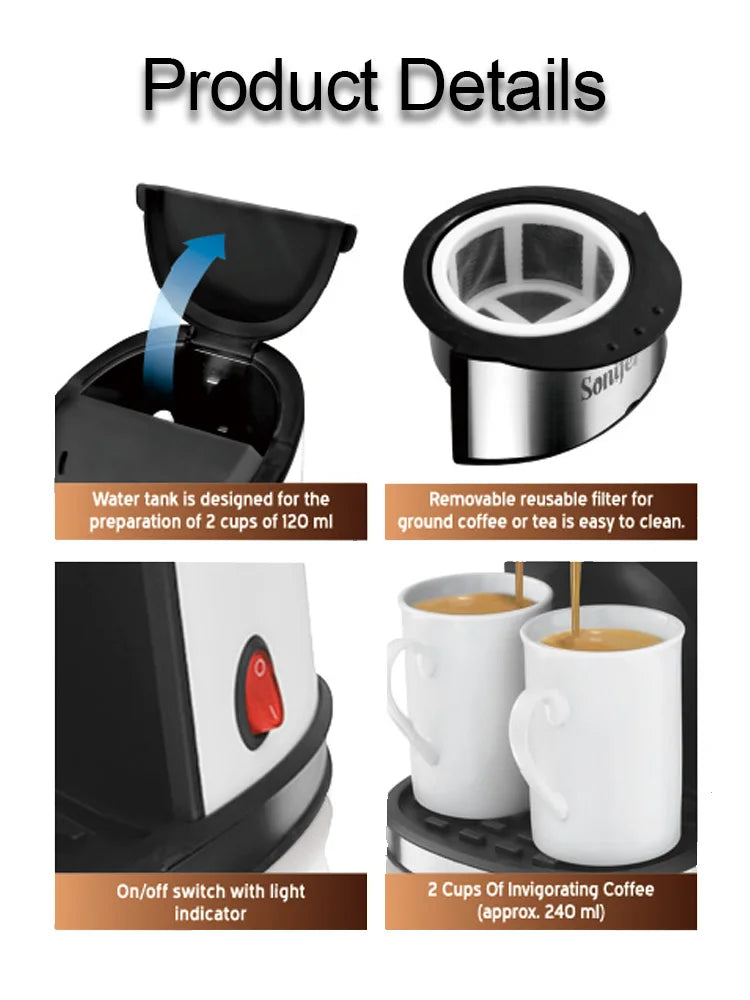 Compact 2-Cup Drip Coffee Maker With Porcelain Mugs