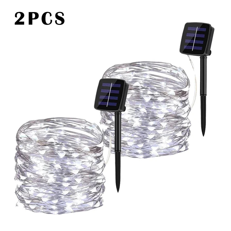 2pcs-white Emitting Color Solar LED Fairy String Lights Outdoor – 8 Modes, IP65