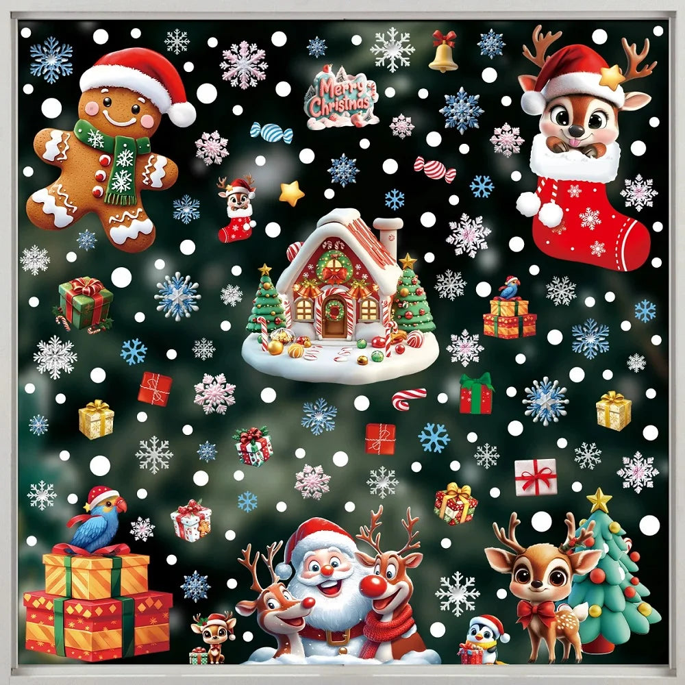 Style09-6pcs Color Christmas Window Clings Gingerbread Santa Snowman Decor