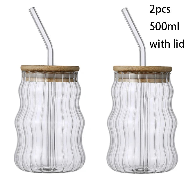 500ml stripe 2pcs Color High Borosilicate Glass Tumbler With Straw And Bamboo Lid
