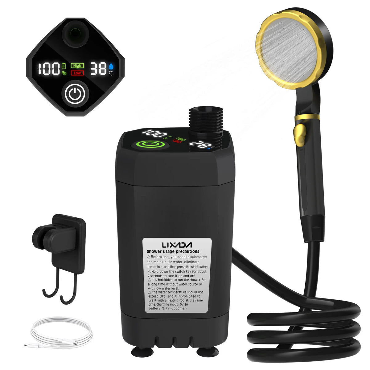 Black Color Portable Camping Shower Pump With Digital Display 6000mAh