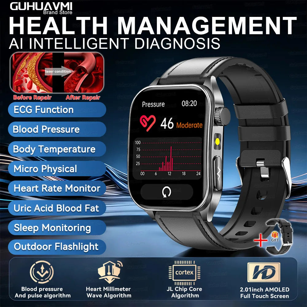 Black Leather Color 650nm Laser Therapy Smartwatch With ECG PPG Health Tracking