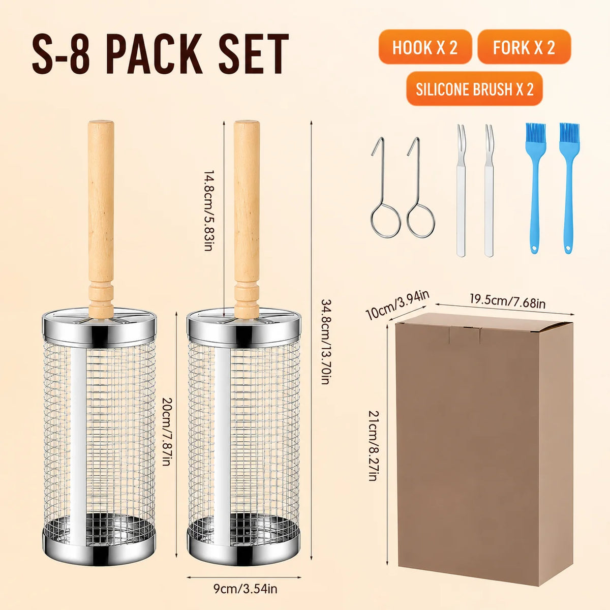 S-8 Pack Set Color Stainless Steel Rolling Grill Baskets Set With Wooden Handle
