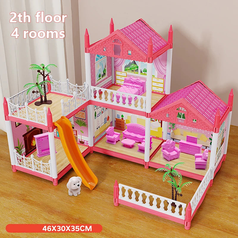 4-Rooms-Pink Color DIY 3D Mini Princess Castle House – Assembly Toy with LED