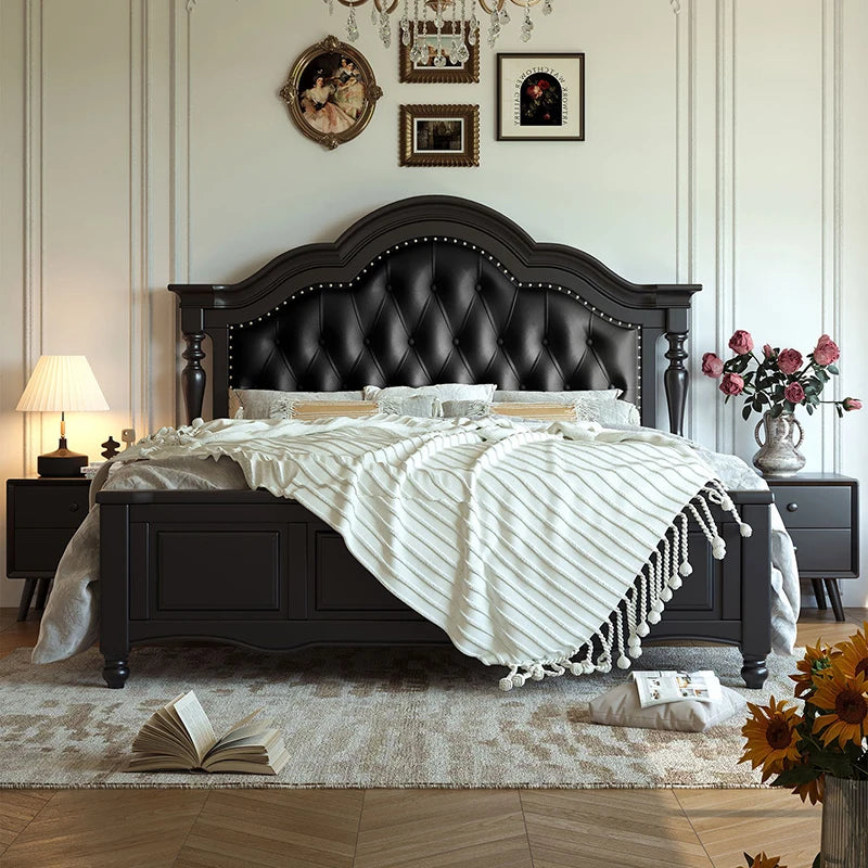 European Solid Wood Platform Bed With Soft Upholstered Headboard