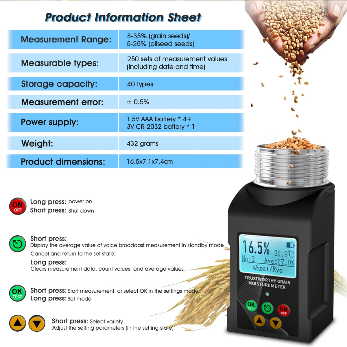 Digital Grain Moisture Meter Cup Type – 40 Grain Profiles