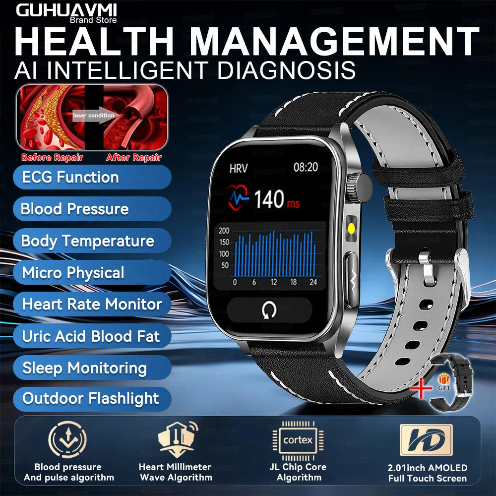 Starlight Leather Color 650nm Laser Therapy Smartwatch With ECG PPG Health Tracking