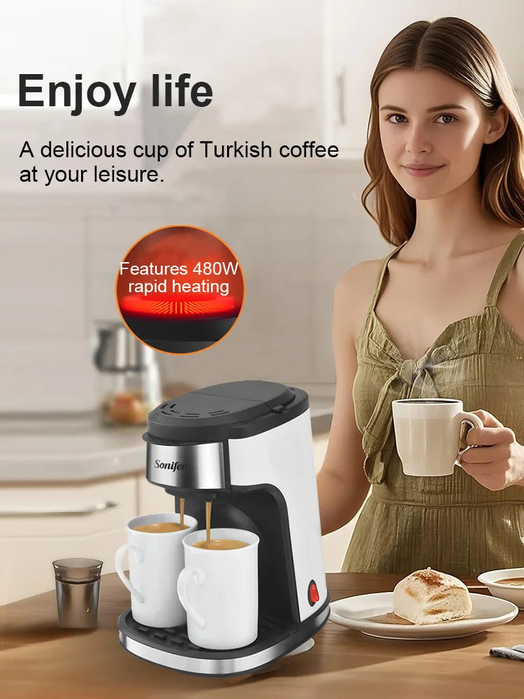 Compact 2-Cup Drip Coffee Maker With Porcelain Mugs