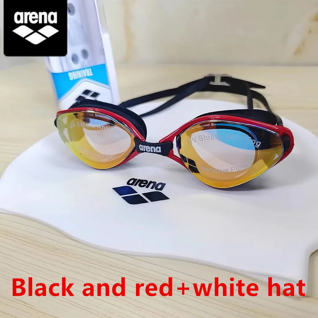 Black red-white hat Color Waterproof Anti-Fog Swimming Goggles and Cap Set