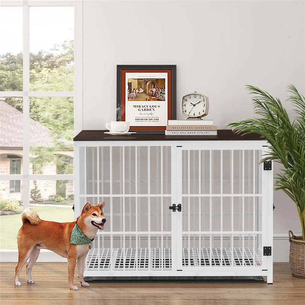 Wooden Dog Crate End Table with Metal Frame and Tray