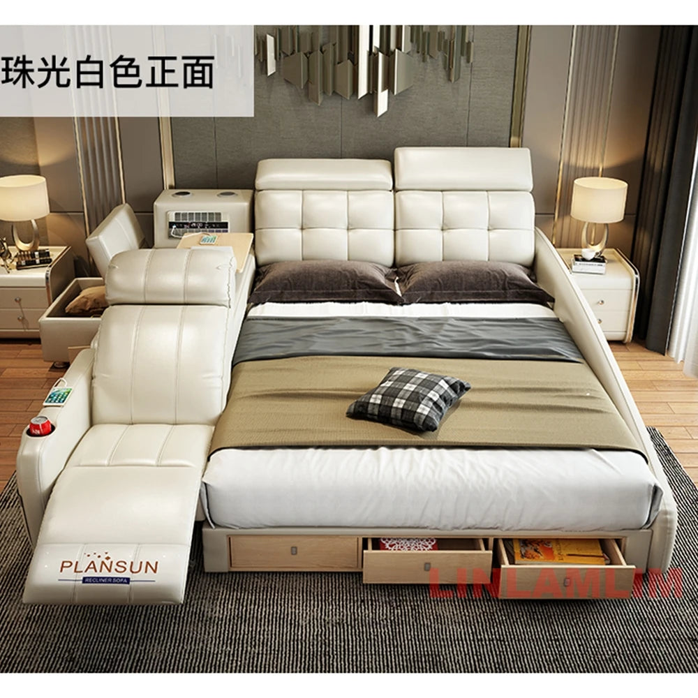 Smart Genuine Leather Platform Bed With Massage & Storage