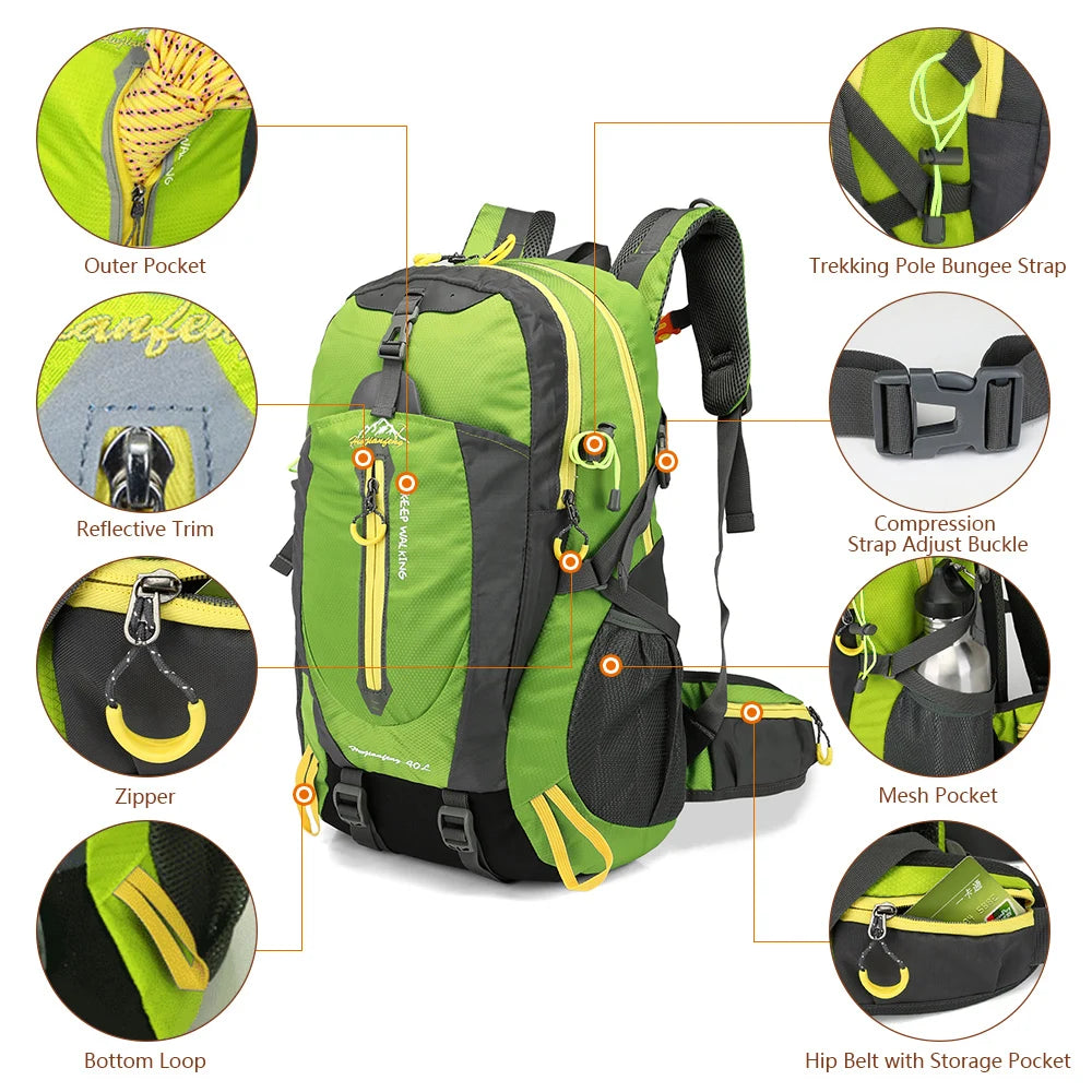 40L Water Resistant Hiking Backpack With Laptop Compartment