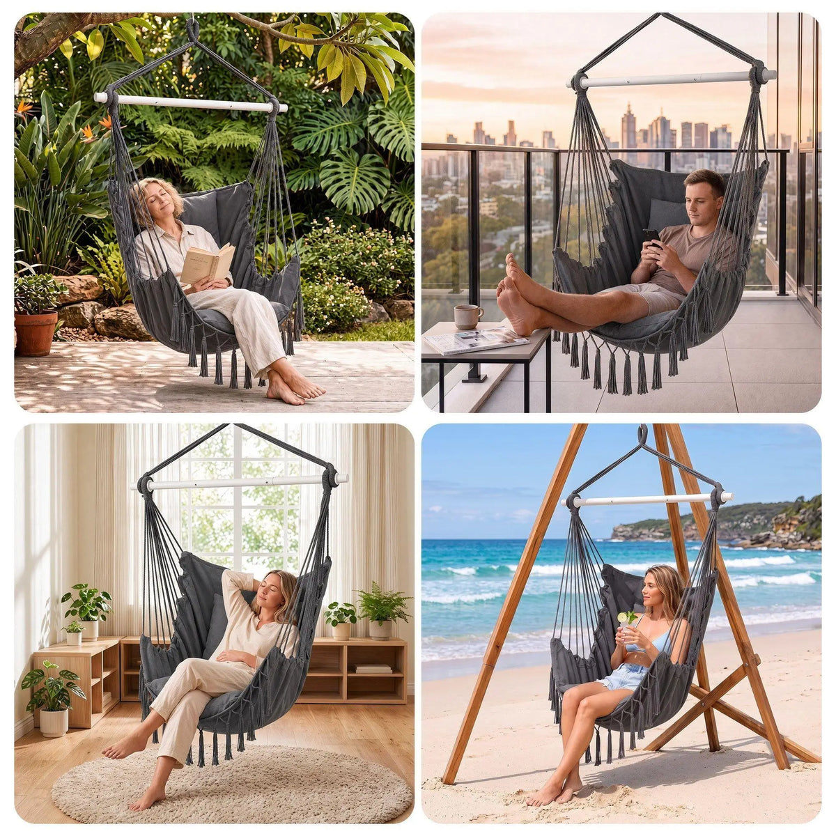Fabric Hammock Chair with Cushions – Indoor Outdoor Swing