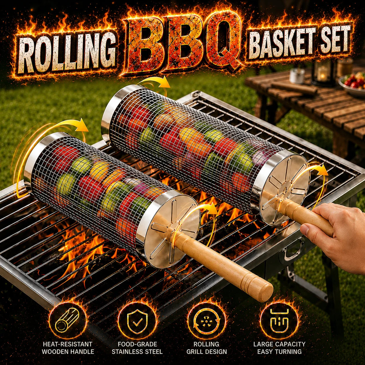 Stainless Steel Rolling Grill Baskets Set With Wooden Handle