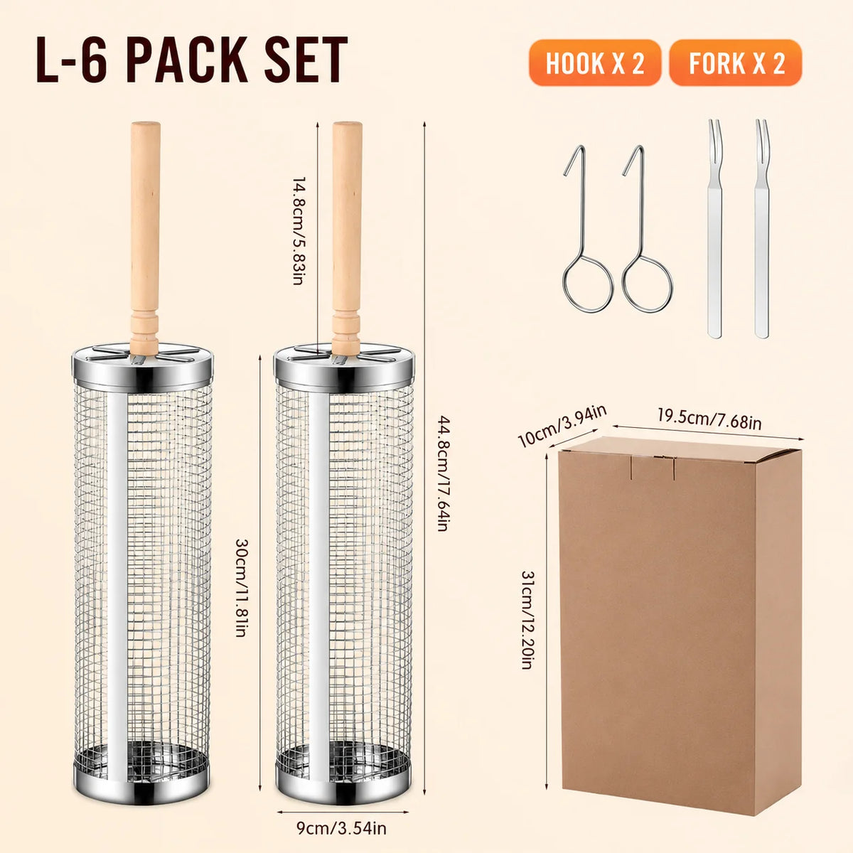L-6 Pack Set Color Stainless Steel Rolling Grill Baskets Set With Wooden Handle