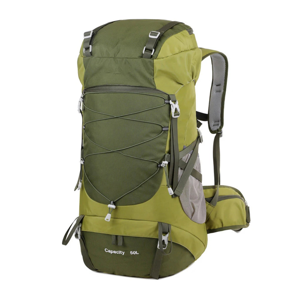 Army Green Color 50L Hiking Backpack With Rain Cover For Camping Travel