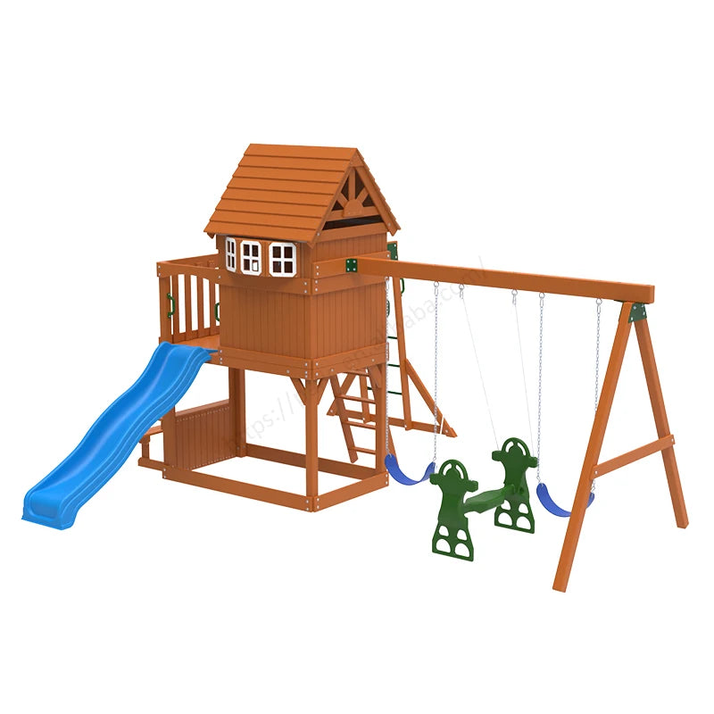 wood color Color Outdoor Wooden Playground Swing Set With Monkey Bars