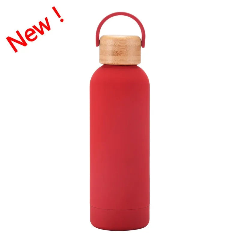 Red Color 500 ml Stainless Steel Thermos Bottle With Bamboo Lid